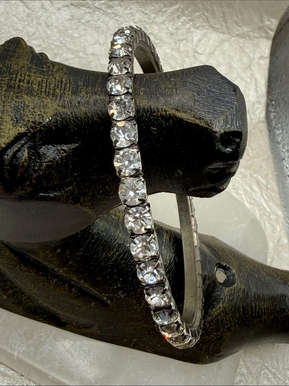 Rhinestone prong set vintage Bracelet - Silver Tone bangle larger stones & size